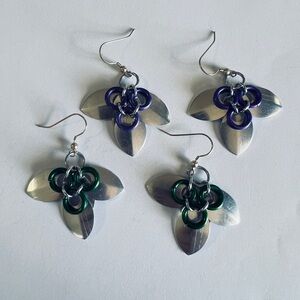 Silver and Purple/Green Chainmail Leaf Earrings